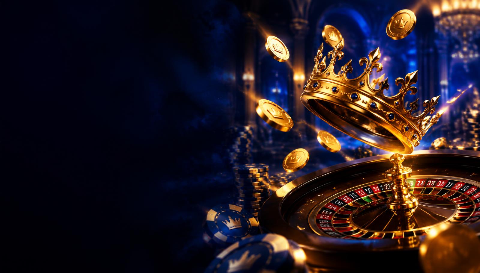 Golden crown and coins over a roulette wheel